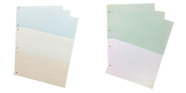 A4レーザープリンター用紙の写真です。左はA4３分割、右はA4２分割となっております。